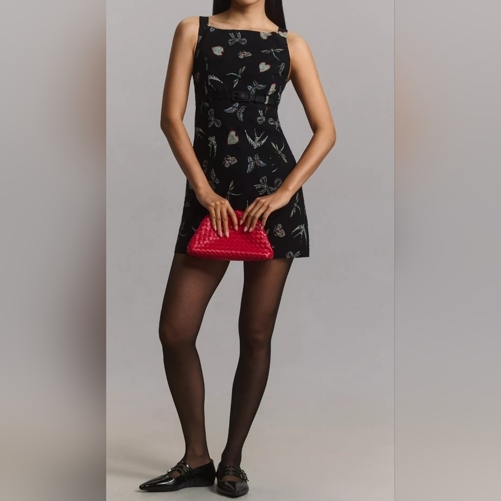 Maeve Anthropologie Black Sleeveless Boat-Neck Mini Dress, Printed Design, Sz 4